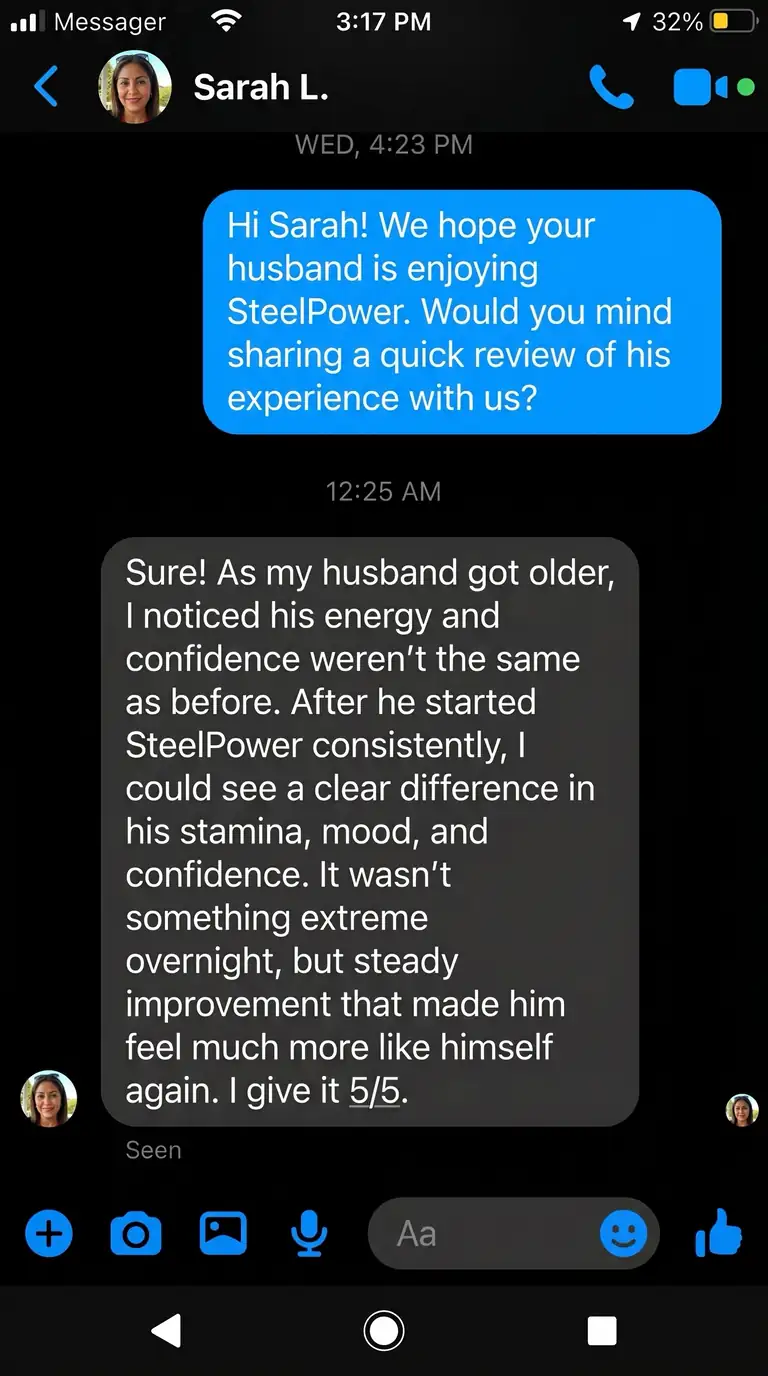 Review by Sarah L. from Boston. She saw a clear difference in her husband's mood and stamina.